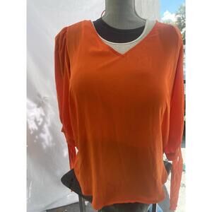 NWT CHAUS Women's‎ Orange V-Neck Blouse with LACE Sleeves - Size 1X  PULL ON